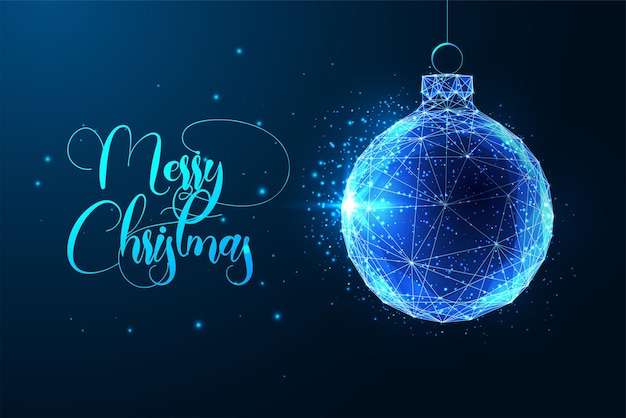 С рождеством христовым цифровой шаблон поздравительной открытки с рождественской безделушкой и текстом, изолированным на темно-синем