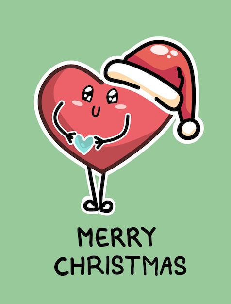 Merry christmas doodle with happy red heart wearing santa hat