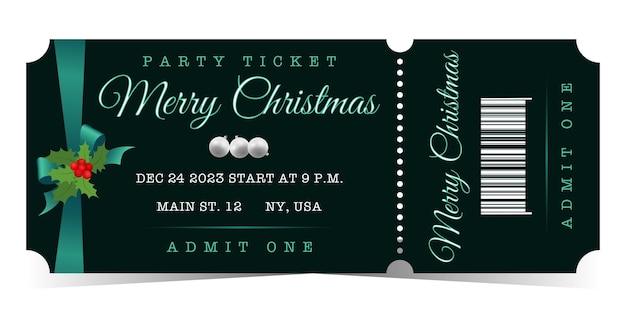 Vector merry christmas elegant horizontal party ticket for admit one with green bow