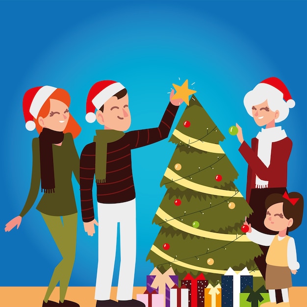 Vector merry christmas family parents grandma and daughter with tree illustration