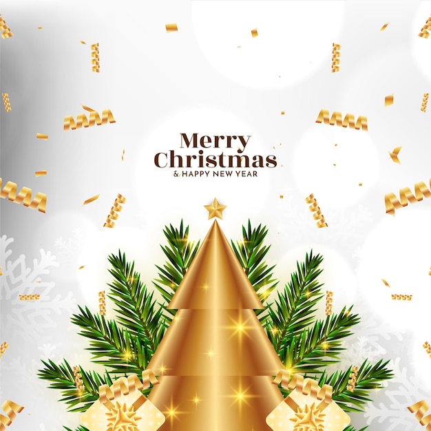 Merry christmas festival greeting card with golden ribbon confetti vector