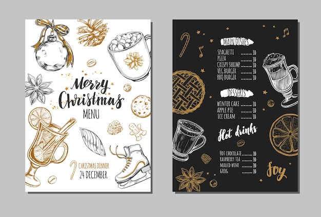 С рождеством христовым праздничное зимнее меню на доске. шаблон дизайна включает в себя различные рисованные иллюстрации