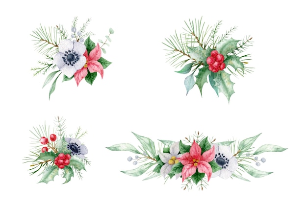 Vector merry christmas floral design set. poinsettia, green, burgundy branch, holly, berry, pine, winter greener.