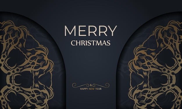 Merry christmas flyer template in dark blue color with abstract gold pattern