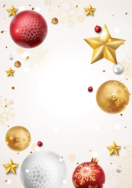 Веселая новогодняя рамка с красными и золотыми шарами и звездами