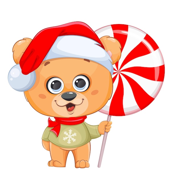 С рождеством христовым забавный медведь в шляпе санта-клауса держит большую леденец на палочке милый медвежонок