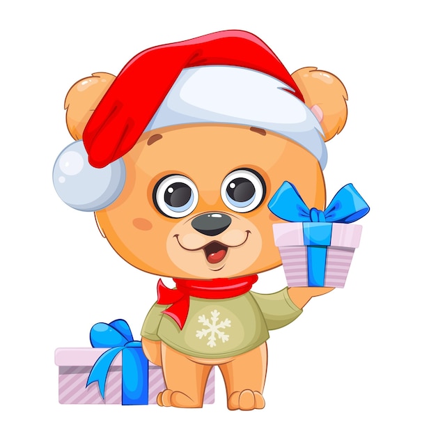 ギフトボックスを保持しているサンタの帽子のメリークリスマス面白いクマかわいい小さなクマの漫画のキャラクター