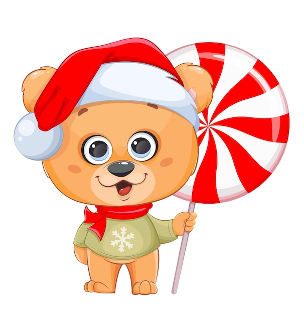 Merry christmas funny bear in santa hat holding big sugar candy on a stick cute little bear