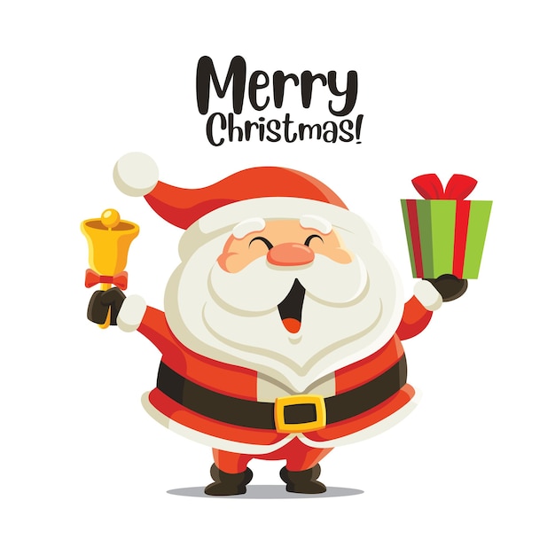 Premium Vector | Merry christmas funny santa claus character holds  christmas present and jingle bell