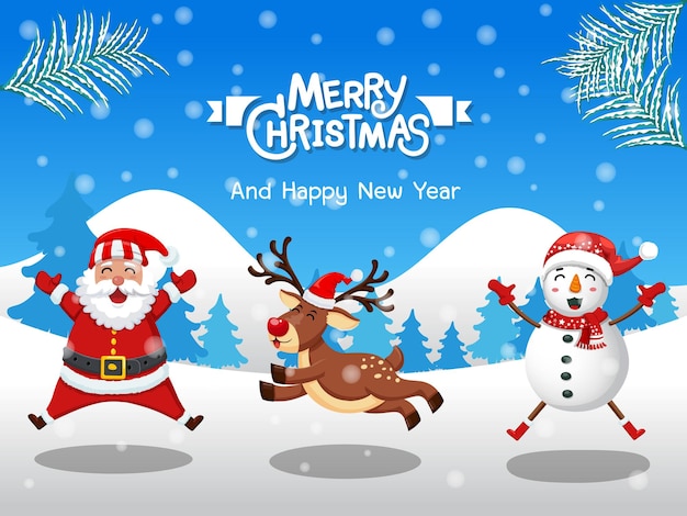 Merry Christmas. Funny Snowman, Reindeer, santa claus in Christmas snow scene winter landscape. decorative element on holiday. Vector illustration.