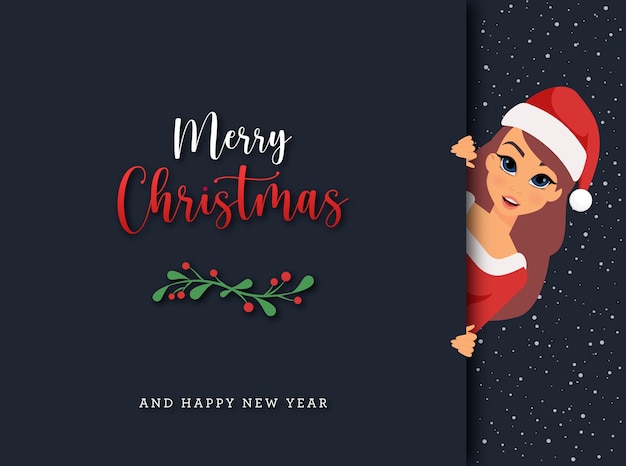 Merry Christmas gift card with woman in Santa Claus costume