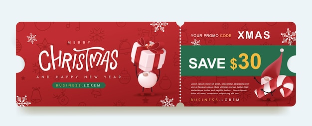 Vector merry christmas  gift promotion coupon banner with cute gnome and festive decoration for christmas