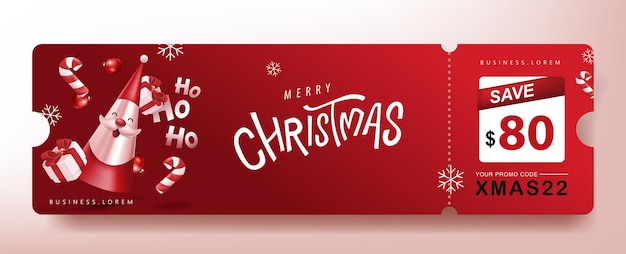 Merry Christmas Gift promotion Coupon banner with cute Santa Claus and festive decoration for christmas