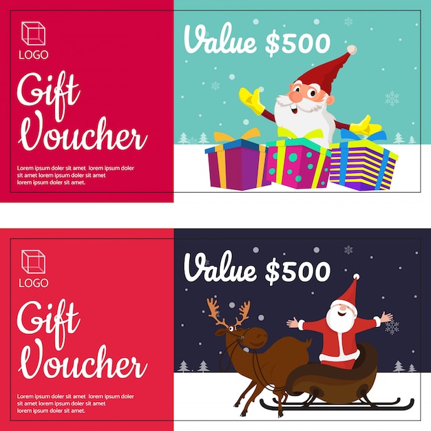 Merry christmas gift vouchers with happy santa clause, gift boxes, and reindeers.