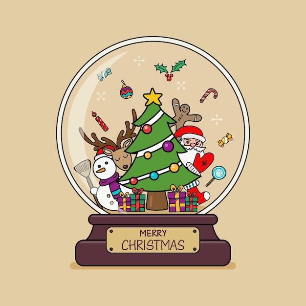Веселый рождественский стеклянный шар с рождественским украшением и стилем каракулей рождественской елки