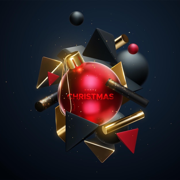 Merry christmas glossy sign with flowing geometric shapes and red christmas ball