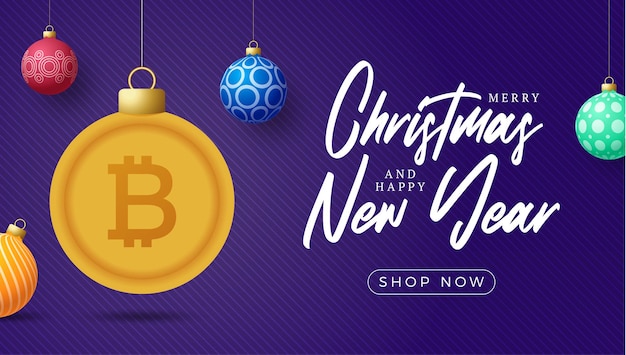 Merry christmas gold bitcoin symbol banner. bitcoin sign as christmas bauble ball hanging greeting card. vector image for xmas, finance, new years day, banking, money