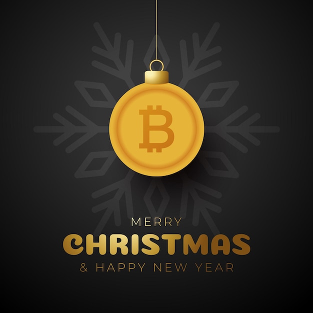메리 크리스마스 골드 bitcoin 기호 배너입니다. 비트 코인 기호는 크리스마스 값싼 물건 공 매달려 인사말 카드입니다. 크리스마스, 금융, 설날, 은행, 돈에 대 한 벡터 이미지