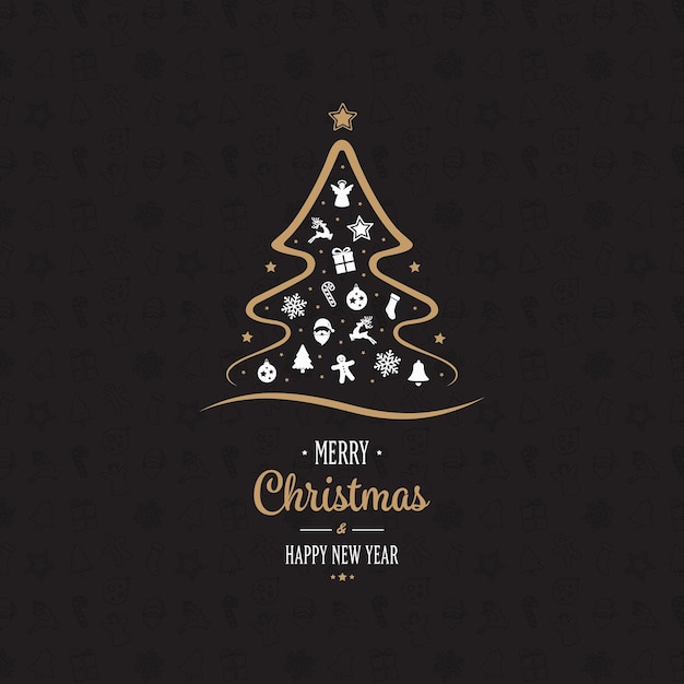 Vector merry christmas gold tree ornament black background