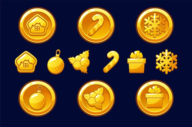 Merry christmas golden coins. happy new year coin. gold illustrations for assets game. objects on a separate layer.