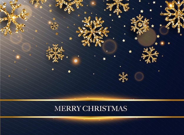 Merry Christmas. Golden glitter snowflakes on dark background.