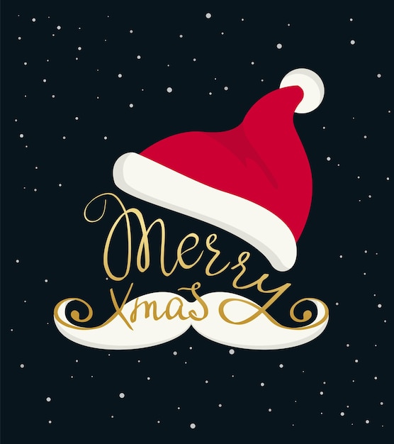 サンタの口ひげと赤いクリスマスの帽子に渦巻き模様のメリークリスマスゴールデン手作りレタリング碑文。雪片と黒の背景に分離されたクリスマスグリーティングカードのデザイン
