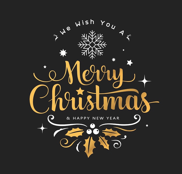 Merry Christmas golden lettering with white snowflake and star