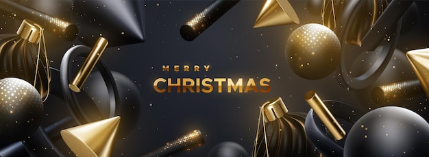 Merry Christmas golden sign with flowing geometric shapes and Christmas balls