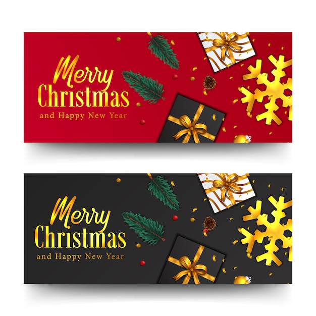 Vector merry christmas golden text and confetti. xmas banner template. fir spruce leaves, present box, golden snowflake, bauble ball