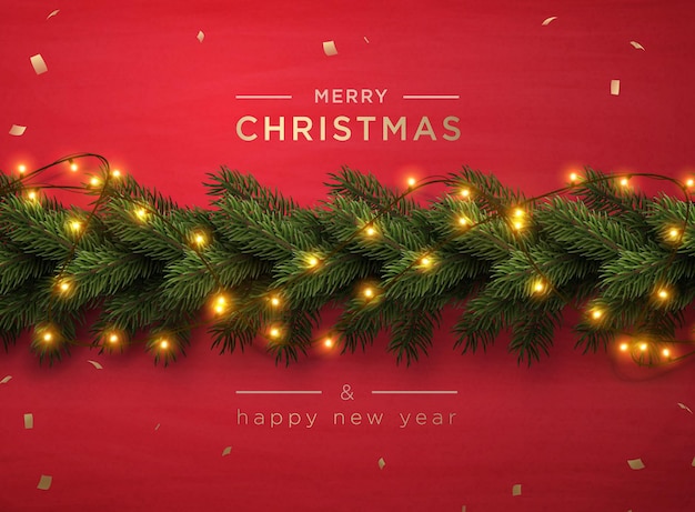 Vector merry christmas greeting banner with chrirstmas decor fir twigs and confetti, vector illustration.