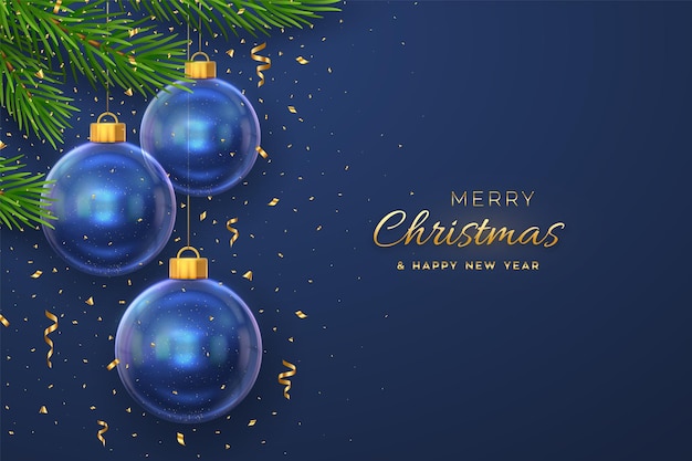 Merry christmas greeting card or banner Hanging transparent glass balls pine branches on blue background with golden falling confetti New Year 3d design Holiday Xmas baubles Vector illustration