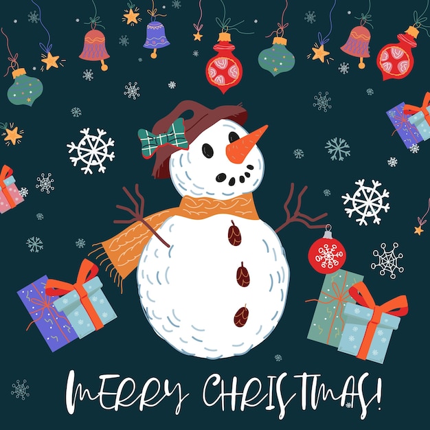 Merry christmas greeting card or banner with snowman and wish phrase flat vector