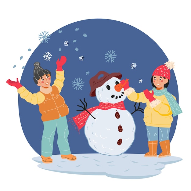 Vector merry christmas greeting card or banner with snowman and wish phrase flat vector