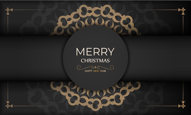 Merry christmas greeting card in black with vintage orange pattern