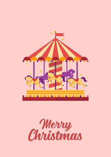 Vector merry christmas greeting card colorful carousel with horses.