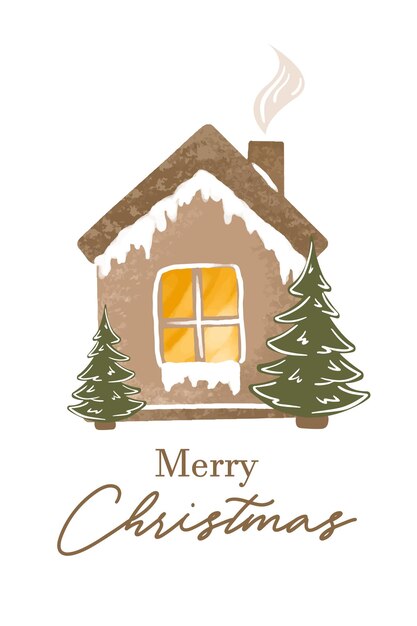 Merry christmas greeting card cozy house with fir tree in rustic natural colors vertical banner