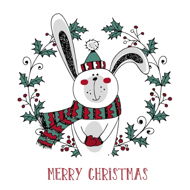 Merry christmas greeting card cute bunny in a scarf in winter doodle style vector