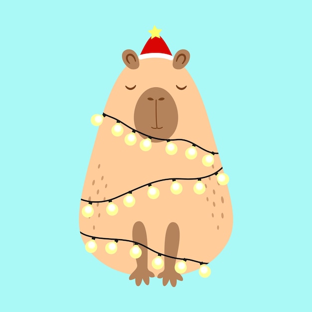 Merry Christmas greeting card Cute cartoon capybara with light bulbs