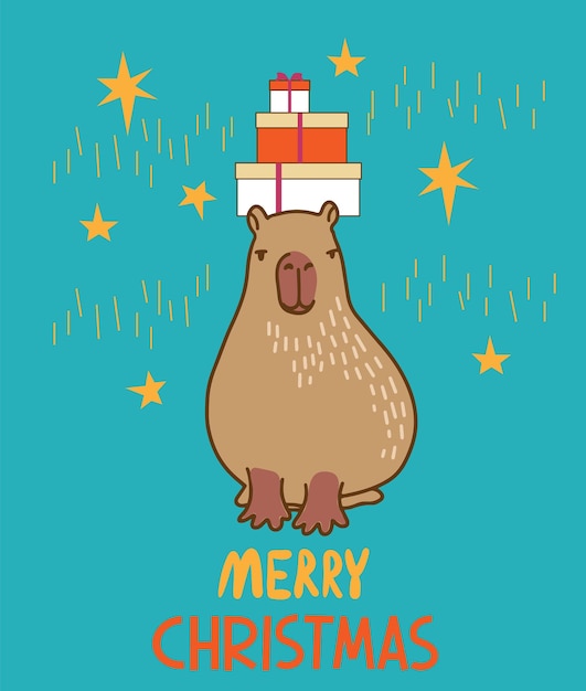 Merry christmas greeting card cute cartoon character capybara