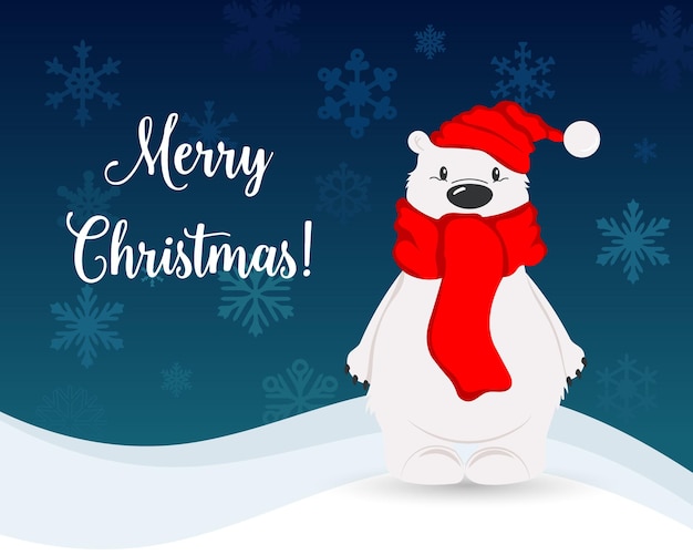 Merry Christmas greeting card, cute cartoon polar bear in a scarf and hat on a background of snow