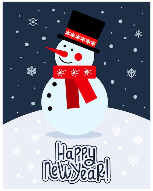 Поздравительная открытка с Рождеством, милый мультяшный снеговик в шарфе и шапке на фоне снежинок