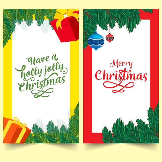 Merry Christmas Greeting Card Decorated With Fir Leaves Gift Boxes Baubles Hang In Two Options