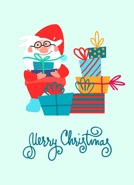 메리 크리스마스 인사말 카드 디자인 파란색 배경에 선물 패키지 서예가 있는 손으로 그린 재미있는 산타클로스