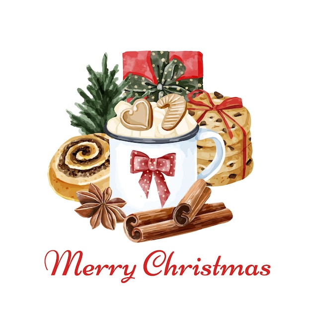 수채화 크리스마스 요소와 메리 크리스마스 인사말 카드 디자인