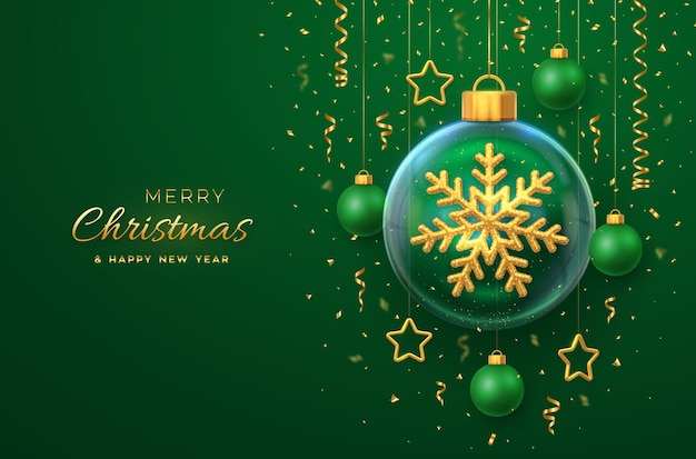 Merry christmas greeting card golden shining 3d snowflake in a glass bauble christmas green background with hanging gold stars and balls holiday xmas new year banner flyer vector illustration