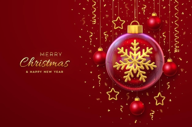 Merry christmas greeting card golden shining 3d snowflake in a
glass bauble christmas red background with hanging gold stars and
balls holiday xmas new year banner flyer vector illustration