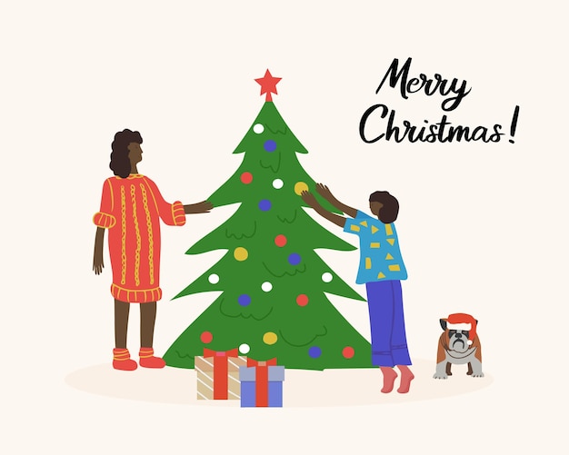 Biglietto di auguri di buon natale famiglia afroamericana felice che decora l'albero di natale