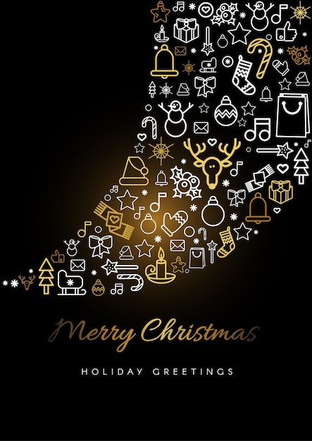 Merry Christmas greeting card Happy New Year holiday illustrations in outline style Vector