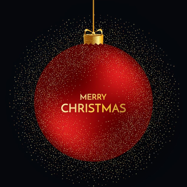 Merry Christmas greeting card Merry Christmas phrase and red christmas ball on dark background