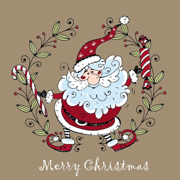 Merry Christmas greeting card Merry Santa laus with Christmas sweets doodle style Vector